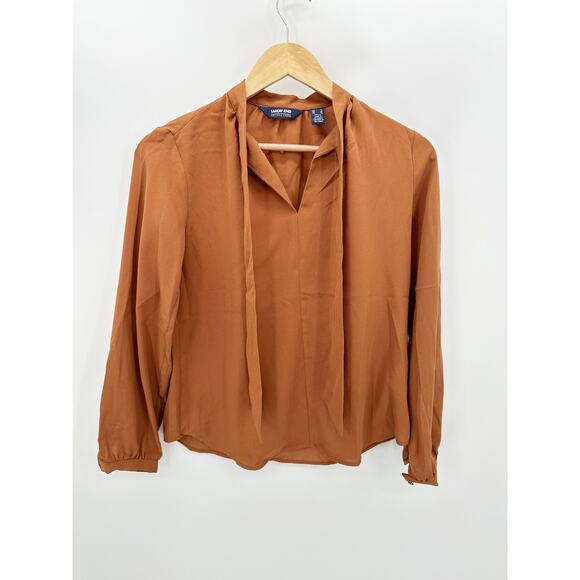 Lands' End Outfitters Blouse Women 2 Brown Tie Neck Long Sleeve Button Cuff - Picture 1 of 8